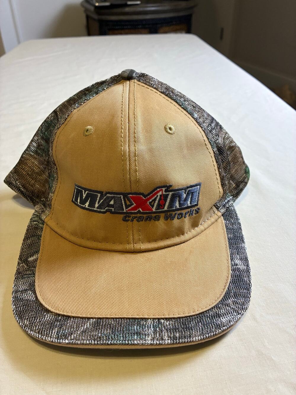 Maxim Crane Works Trucker Hat Camo Mesh Snapback Tan Promotional Cap Paramount